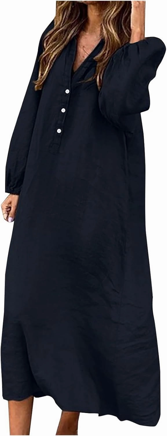 Cotton Linen Dresses for Women Plus Size V-Neck Button Down Tiered Flowy Long Sleeve Dress Comfy Maxi Dress Fall 2024
