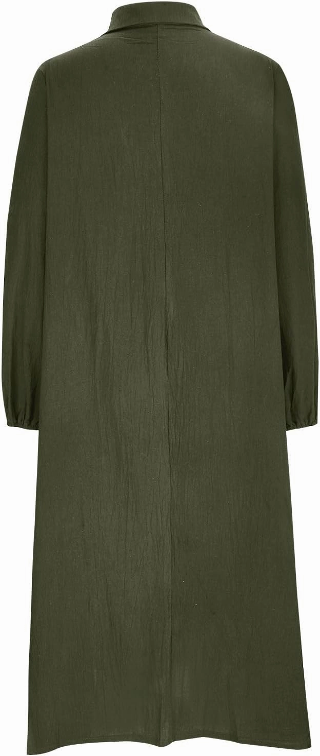 Cotton Linen Dresses for Women Plus Size V-Neck Button Down Tiered Flowy Long Sleeve Dress Comfy Maxi Dress Fall 2024