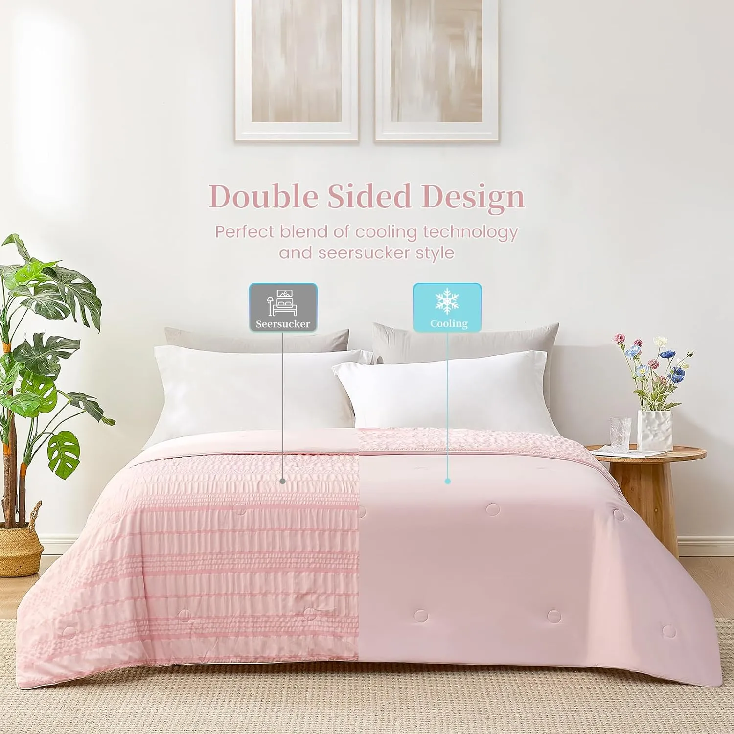 Cozy Bliss Seersucker Cooling Comforter King Size, Q-Max 0.45 Reversible Lightweight Cooling Blanket, Breathable Silk Smooth Summer Bedding Quilt for Hot Sleepers Night Sweats Pink