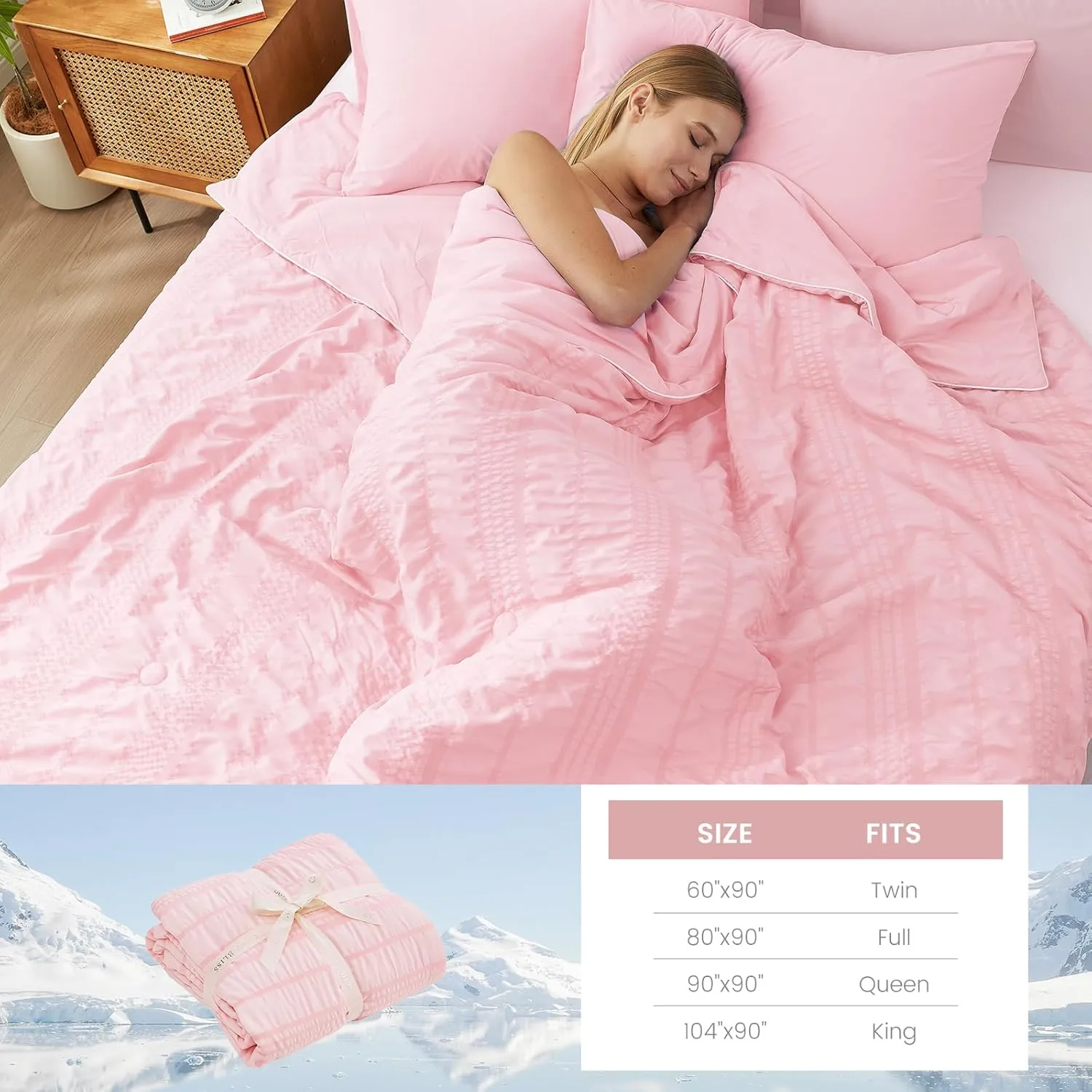 Cozy Bliss Seersucker Cooling Comforter King Size, Q-Max 0.45 Reversible Lightweight Cooling Blanket, Breathable Silk Smooth Summer Bedding Quilt for Hot Sleepers Night Sweats Pink