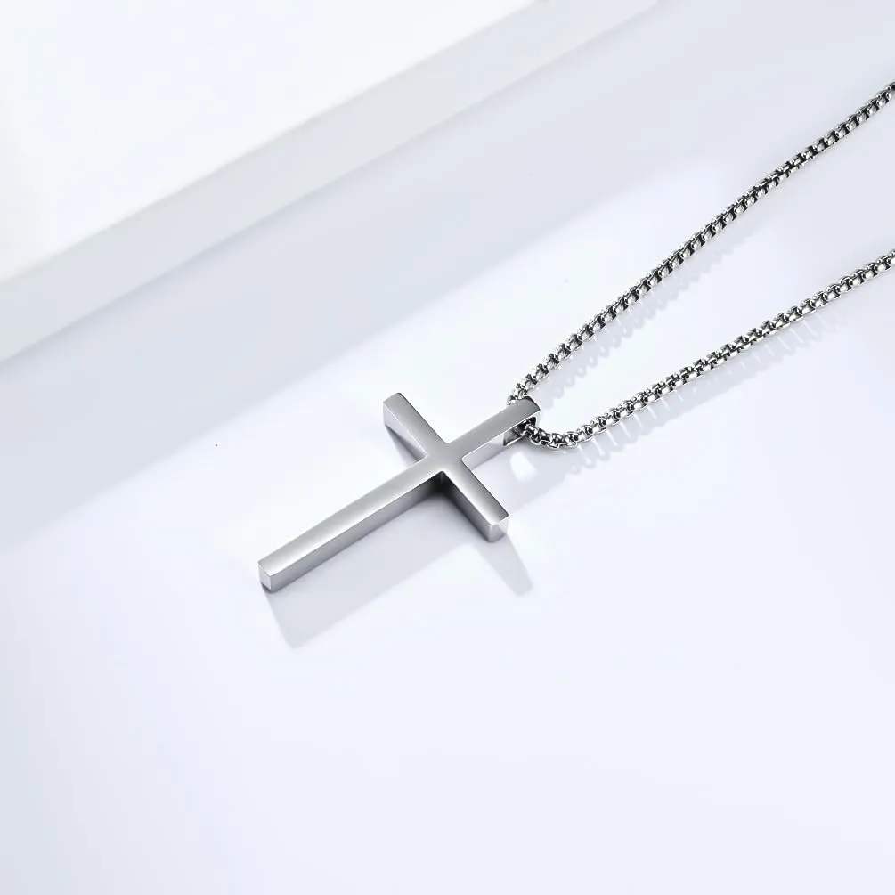 Cross Necklace for Men, Stainless Steel Cross Silver/Black/Gold Cross Pendant Necklaces for Men Women Religious Cross Jewelry Christian Faith Gifts for Prayer Simple Style Jewelry Gift 24 Inches Box Chain