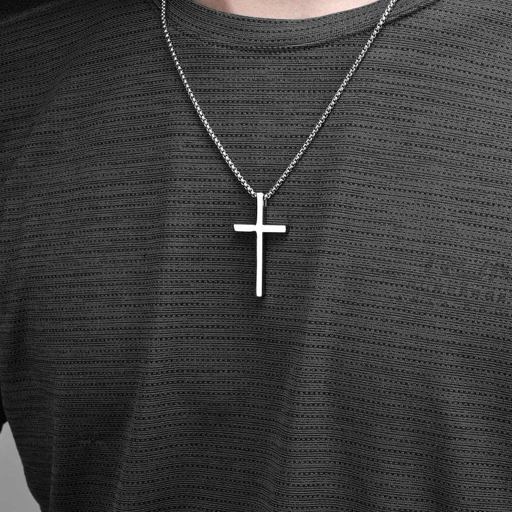Cross Necklace for Men, Stainless Steel Cross Silver/Black/Gold Cross Pendant Necklaces for Men Women Religious Cross Jewelry Christian Faith Gifts for Prayer Simple Style Jewelry Gift 24 Inches Box Chain