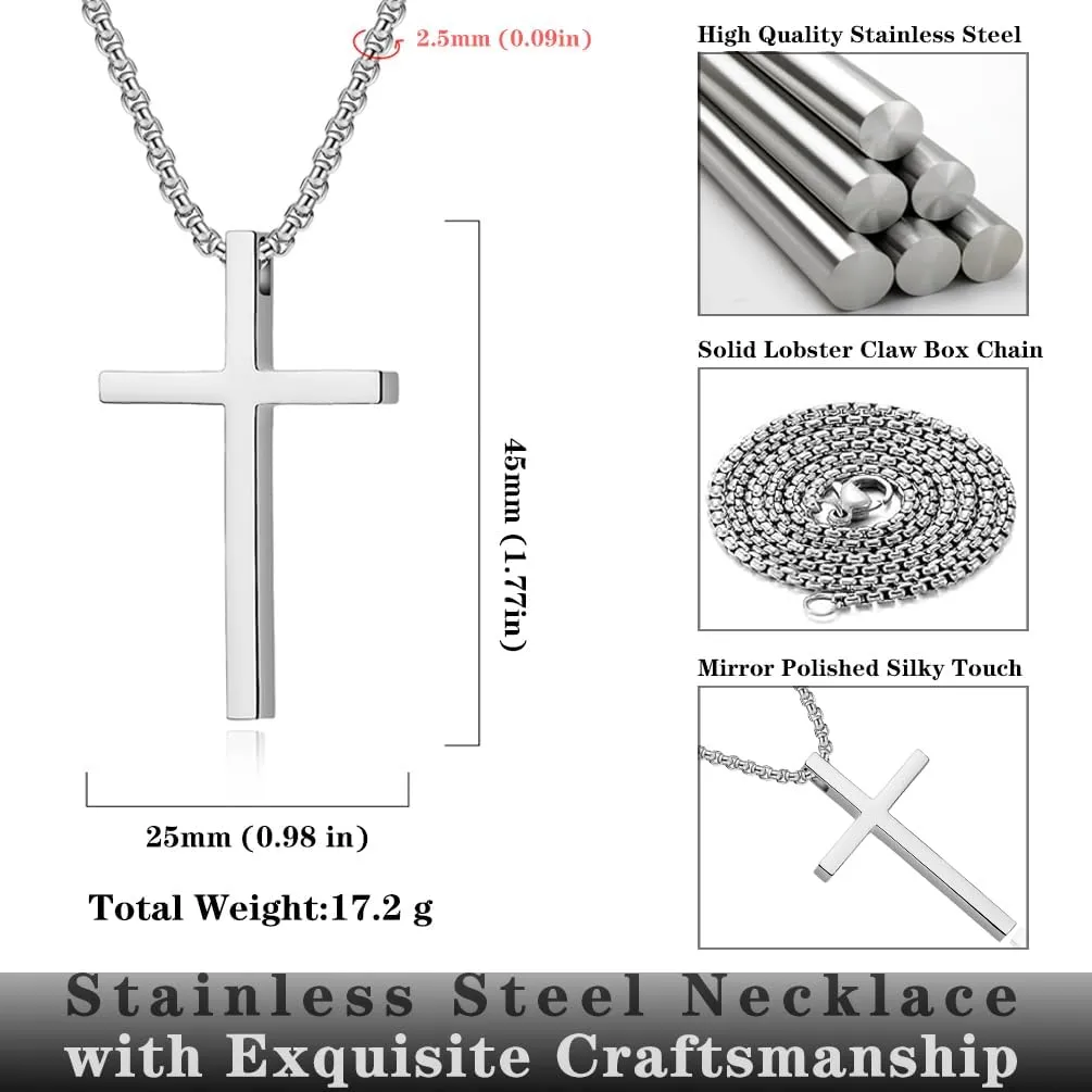 Cross Necklace for Men, Stainless Steel Cross Silver/Black/Gold Cross Pendant Necklaces for Men Women Religious Cross Jewelry Christian Faith Gifts for Prayer Simple Style Jewelry Gift 24 Inches Box Chain