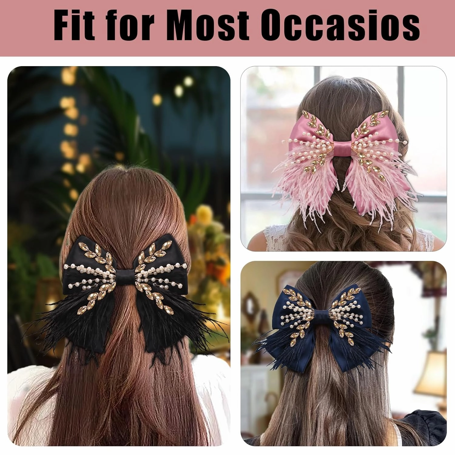 CROWN GUIDE Large Hair Bows Clips for Women Girls Silk Satin Hair Barrettes, Feather Coquette Bows Hair Ties Ribbon Bow Claw Clip Hair Accessories with Pearl Crystal Black