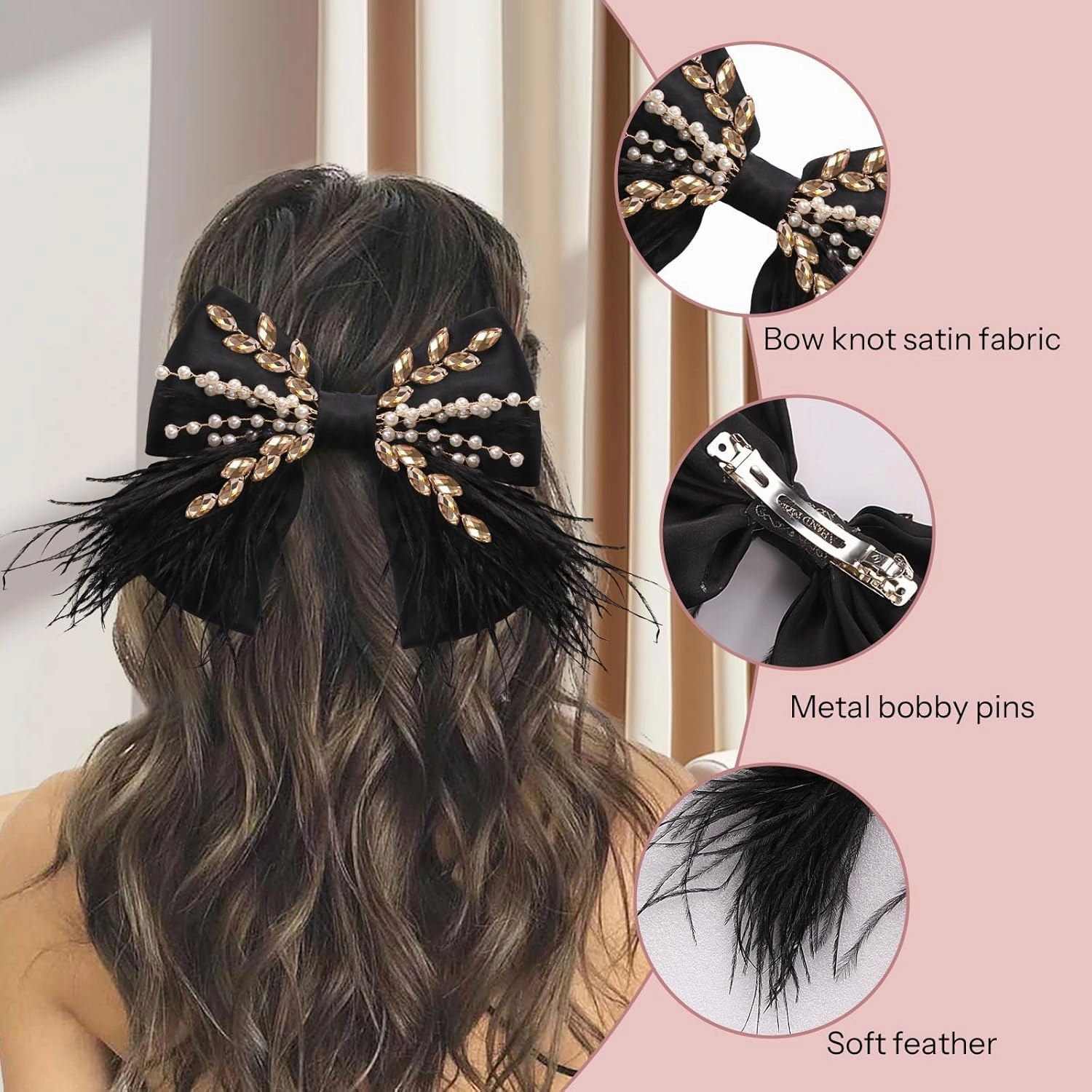 CROWN GUIDE Large Hair Bows Clips for Women Girls Silk Satin Hair Barrettes, Feather Coquette Bows Hair Ties Ribbon Bow Claw Clip Hair Accessories with Pearl Crystal Black