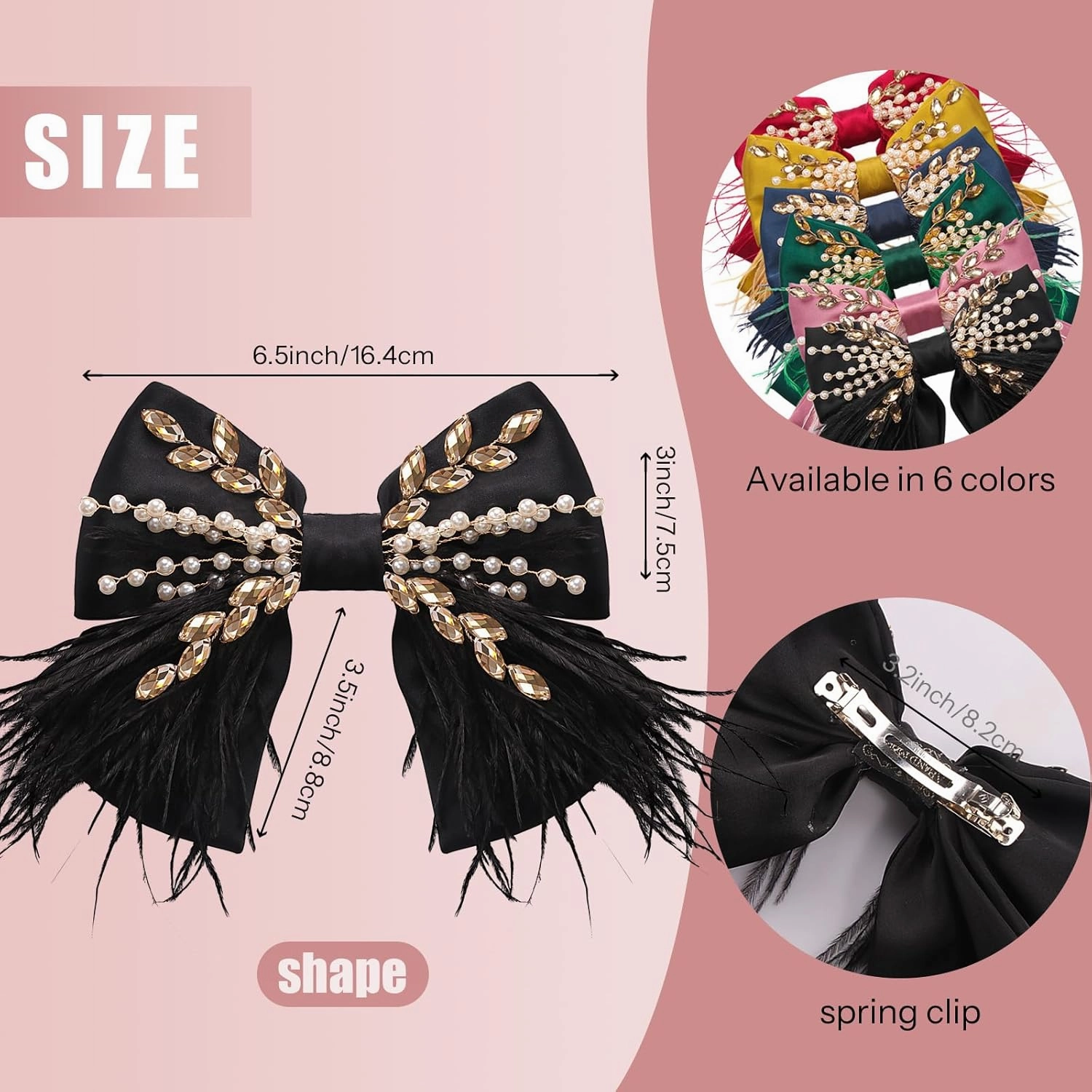 CROWN GUIDE Large Hair Bows Clips for Women Girls Silk Satin Hair Barrettes, Feather Coquette Bows Hair Ties Ribbon Bow Claw Clip Hair Accessories with Pearl Crystal Black