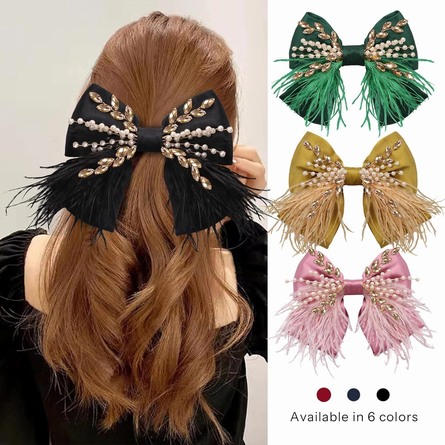 CROWN GUIDE Large Hair Bows Clips for Women Girls Silk Satin Hair Barrettes, Feather Coquette Bows Hair Ties Ribbon Bow Claw Clip Hair Accessories with Pearl Crystal Black