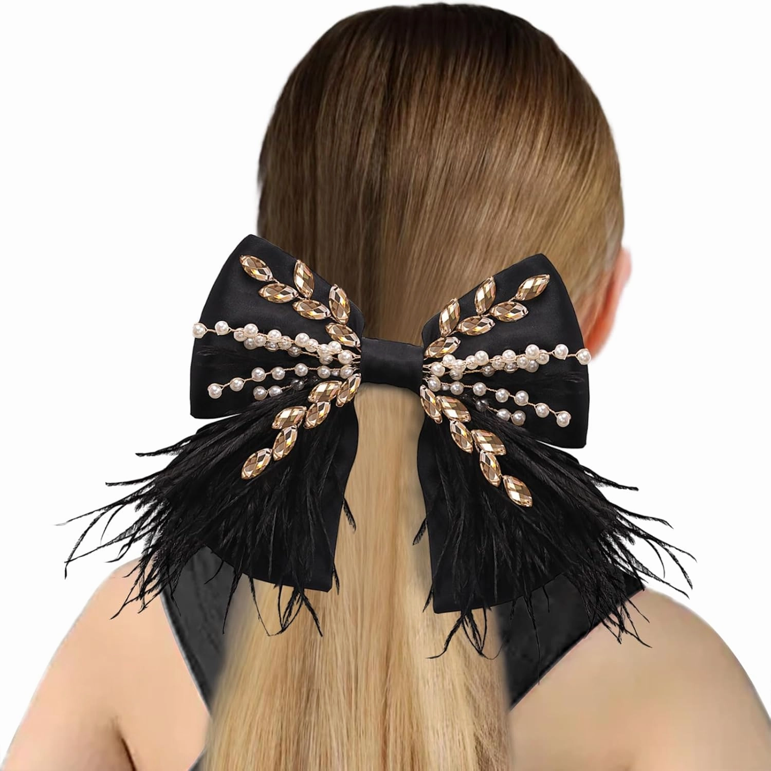 CROWN GUIDE Large Hair Bows Clips for Women Girls Silk Satin Hair Barrettes, Feather Coquette Bows Hair Ties Ribbon Bow Claw Clip Hair Accessories with Pearl Crystal Black