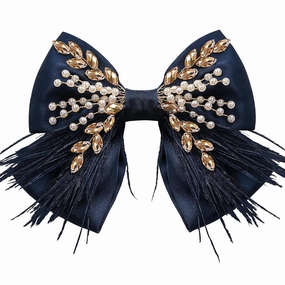 CROWN GUIDE Large Hair Bows Clips for Women Girls Silk Satin Hair Barrettes, Feather Coquette Bows Hair Ties Ribbon Bow Claw Clip Hair Accessories with Pearl Crystal Blue