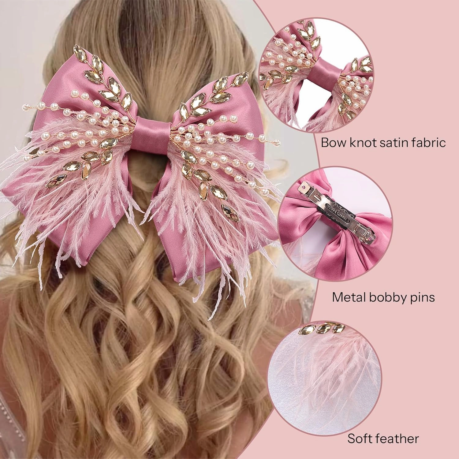 CROWN GUIDE Large Hair Bows Clips for Women Girls Silk Satin Hair Barrettes, Feather Coquette Bows Hair Ties Ribbon Bow Claw Clip Hair Accessories with Pearl Crystal Pink