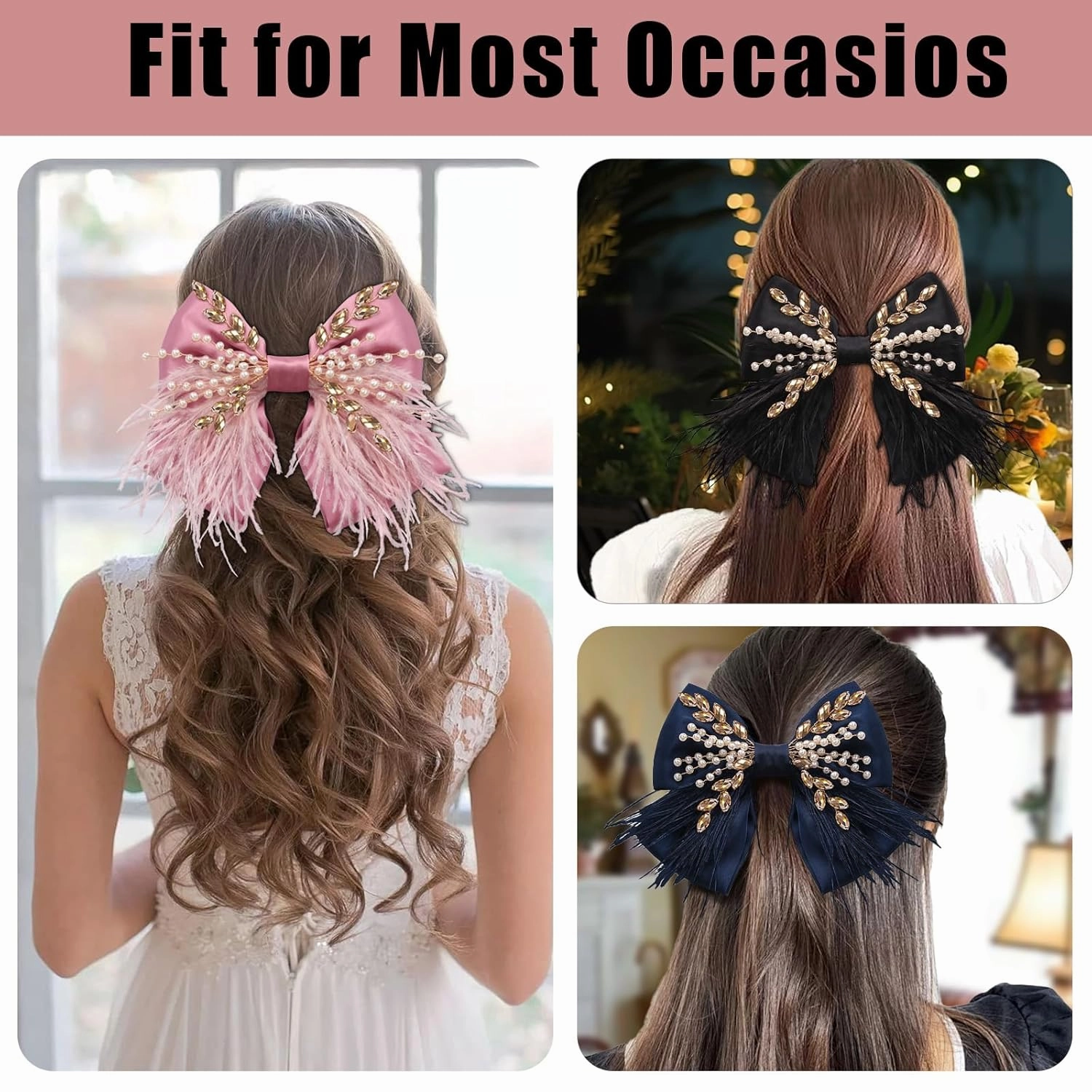 CROWN GUIDE Large Hair Bows Clips for Women Girls Silk Satin Hair Barrettes, Feather Coquette Bows Hair Ties Ribbon Bow Claw Clip Hair Accessories with Pearl Crystal Pink