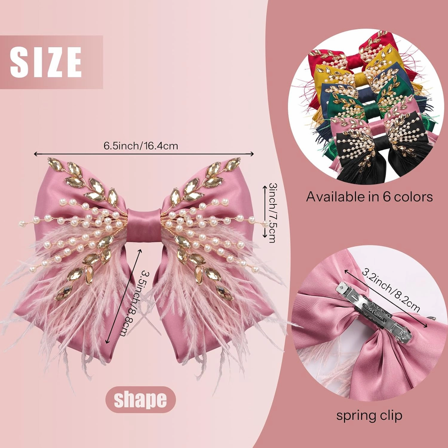 CROWN GUIDE Large Hair Bows Clips for Women Girls Silk Satin Hair Barrettes, Feather Coquette Bows Hair Ties Ribbon Bow Claw Clip Hair Accessories with Pearl Crystal Pink