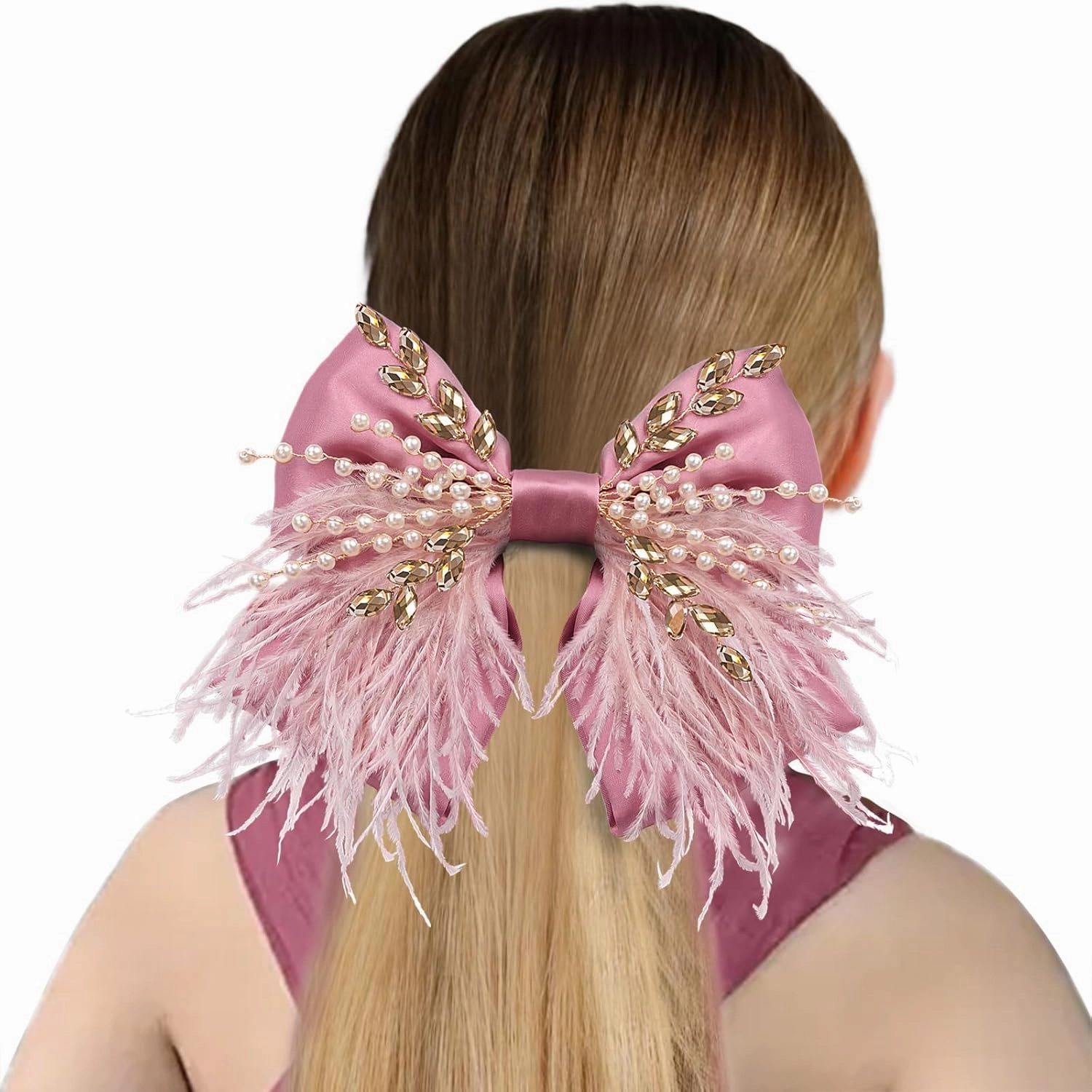 CROWN GUIDE Large Hair Bows Clips for Women Girls Silk Satin Hair Barrettes, Feather Coquette Bows Hair Ties Ribbon Bow Claw Clip Hair Accessories with Pearl Crystal Pink