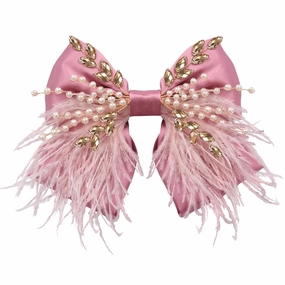 CROWN GUIDE Large Hair Bows Clips for Women Girls Silk Satin Hair Barrettes, Feather Coquette Bows Hair Ties Ribbon Bow Claw Clip Hair Accessories with Pearl Crystal Pink