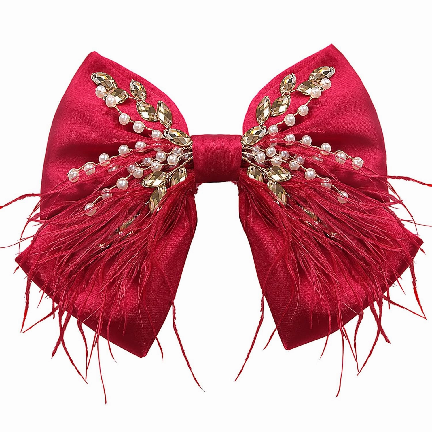 CROWN GUIDE Large Hair Bows Clips for Women Girls Silk Satin Hair Barrettes, Feather Coquette Bows Hair Ties Ribbon Bow Claw Clip Hair Accessories with Pearl Crystal Red