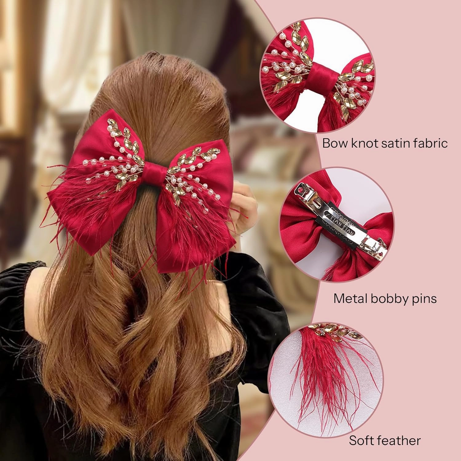 CROWN GUIDE Large Hair Bows Clips for Women Girls Silk Satin Hair Barrettes, Feather Coquette Bows Hair Ties Ribbon Bow Claw Clip Hair Accessories with Pearl Crystal Red