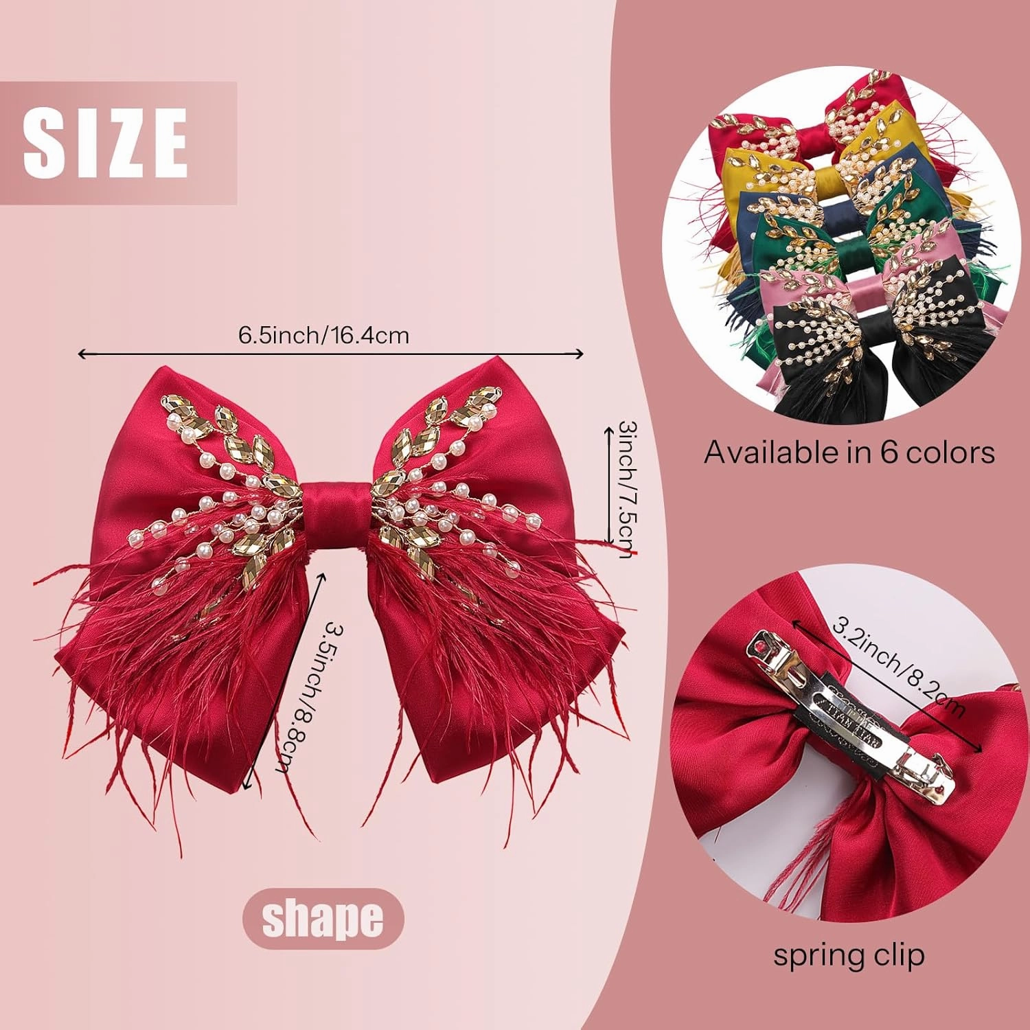CROWN GUIDE Large Hair Bows Clips for Women Girls Silk Satin Hair Barrettes, Feather Coquette Bows Hair Ties Ribbon Bow Claw Clip Hair Accessories with Pearl Crystal Red