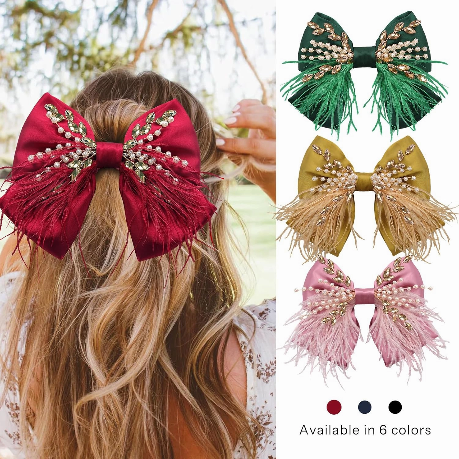 CROWN GUIDE Large Hair Bows Clips for Women Girls Silk Satin Hair Barrettes, Feather Coquette Bows Hair Ties Ribbon Bow Claw Clip Hair Accessories with Pearl Crystal Red