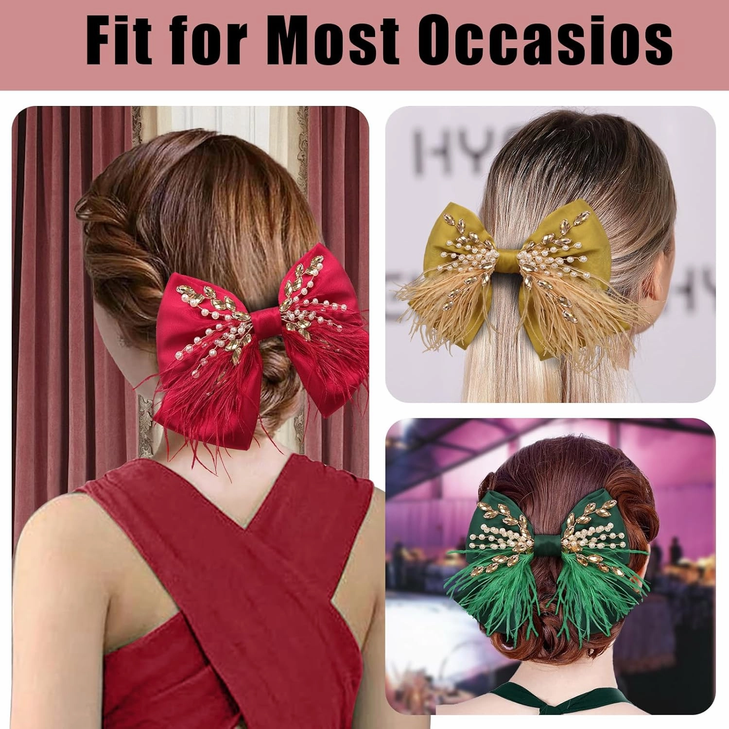 CROWN GUIDE Large Hair Bows Clips for Women Girls Silk Satin Hair Barrettes, Feather Coquette Bows Hair Ties Ribbon Bow Claw Clip Hair Accessories with Pearl Crystal Red