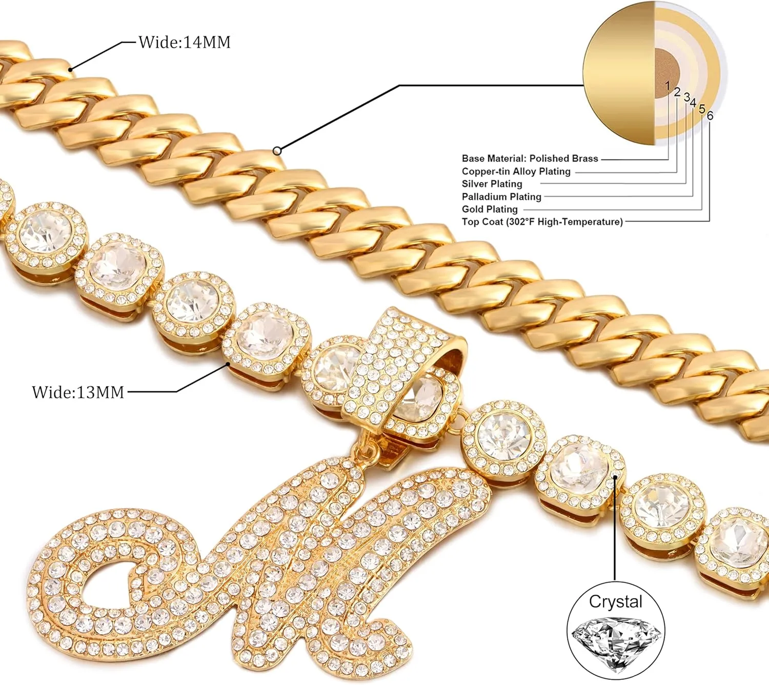 Cuban Link Chain for Women - Silver Initial Necklace, 14mm Cursive Chain for Hip Hop Jewelry