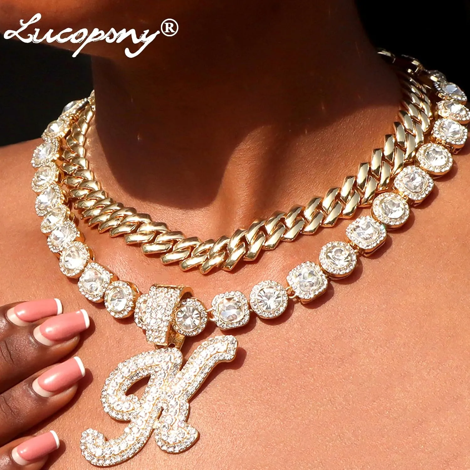 Cuban Link Chain for Women - Silver Initial Necklace, 14mm Cursive Chain for Hip Hop Jewelry