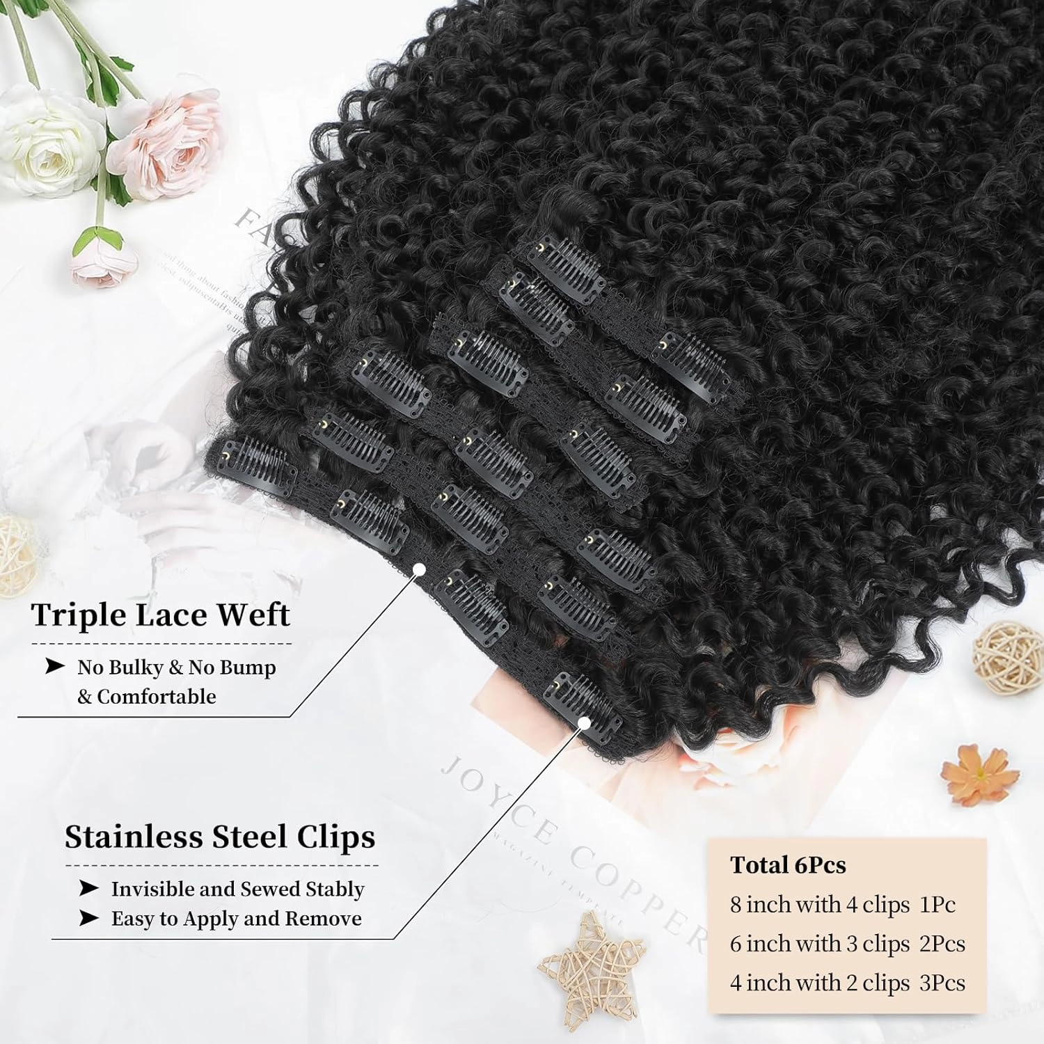 Curly Clip in Hair Extensions, Urbeauty Pink Mango 6 PCS 100% Pure Protein Silk Curly Hair Extensions Clip Ins for Black Women Kinky Curly Hair Soft Natural Durable Light Long Lifespan
