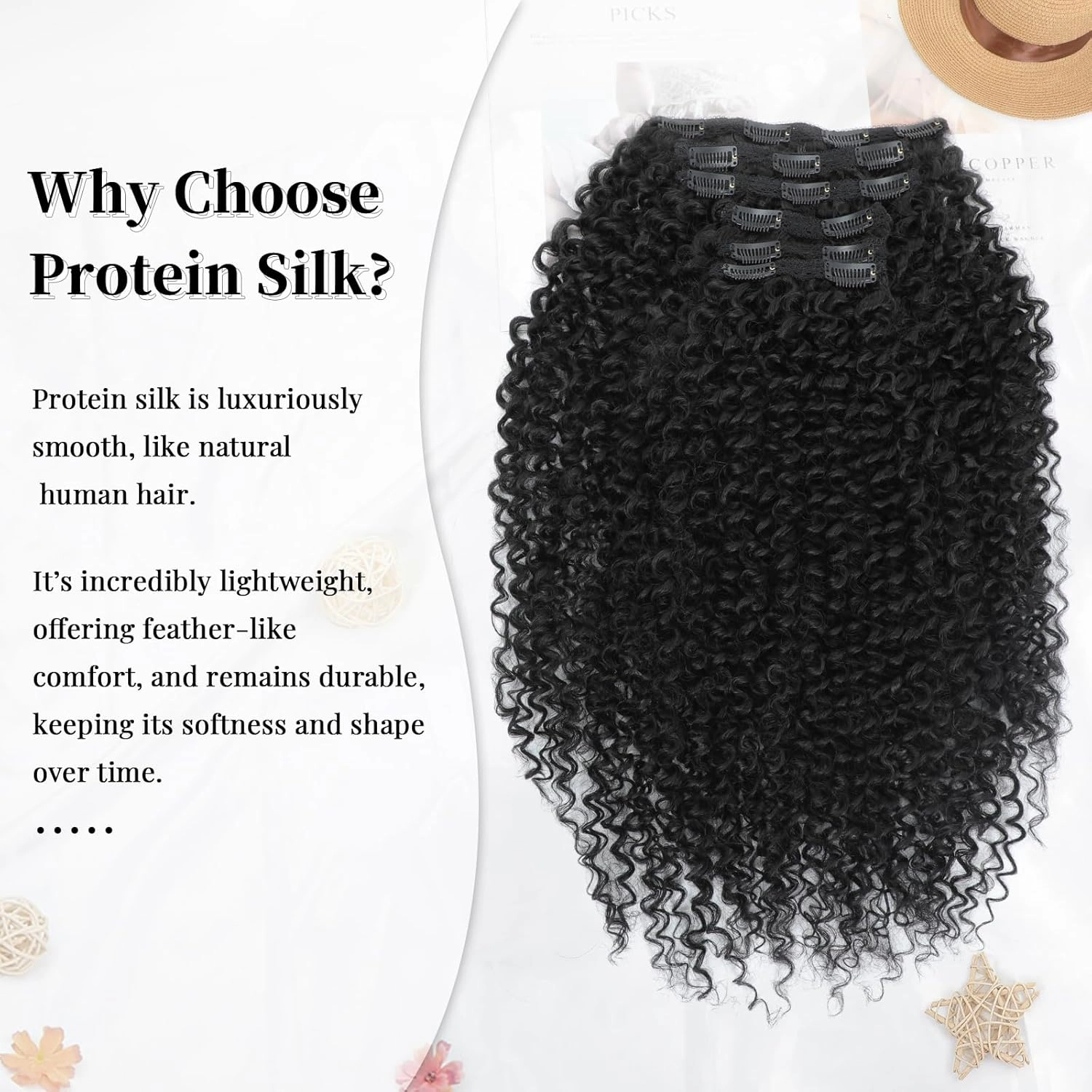 Curly Clip in Hair Extensions, Urbeauty Pink Mango 6 PCS 100% Pure Protein Silk Curly Hair Extensions Clip Ins for Black Women Kinky Curly Hair Soft Natural Durable Light Long Lifespan