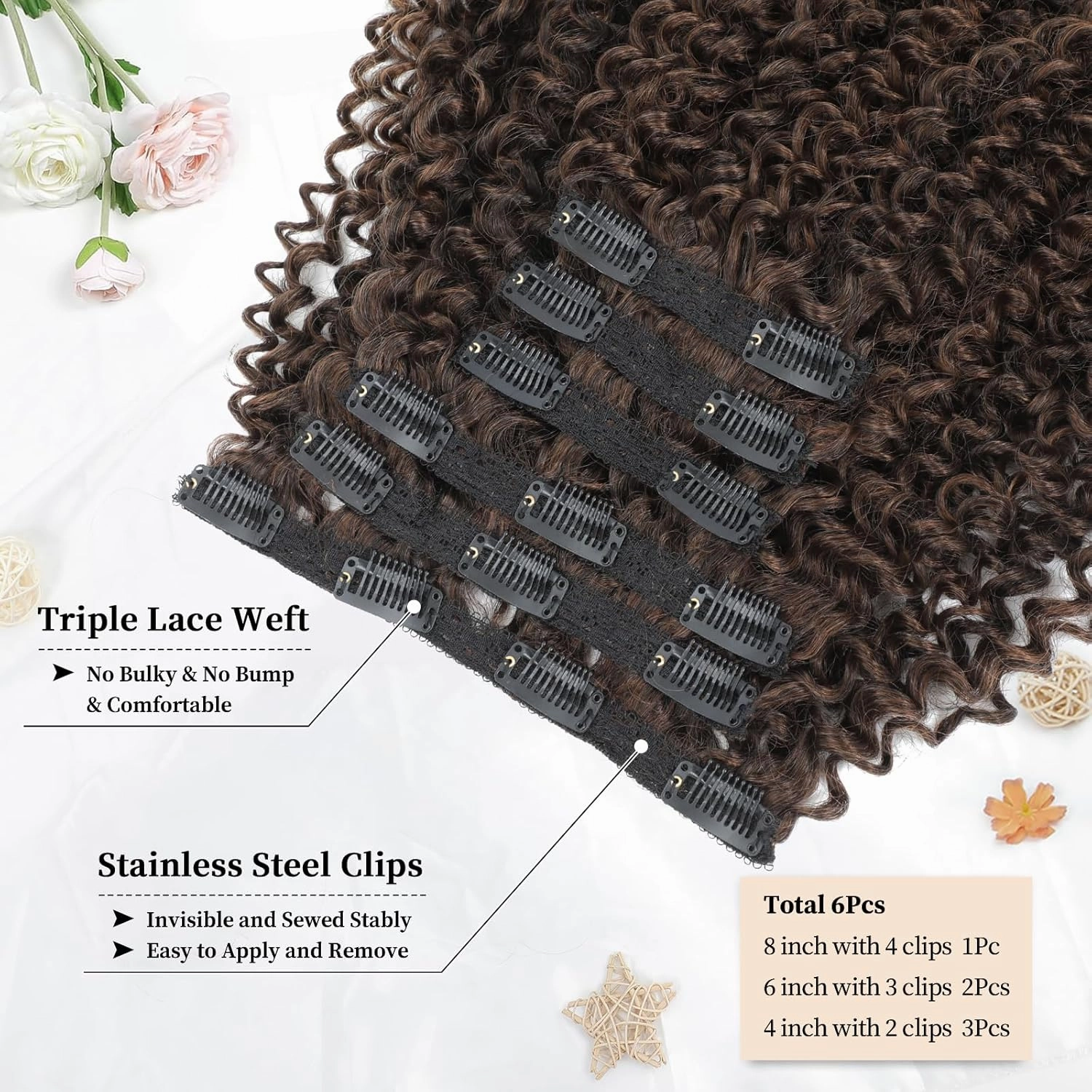 Curly Clip in Hair Extensions, Urbeauty Pink Mango 6 PCS 100% Pure Protein Silk Curly Hair Extensions Clip Ins for Black Women Kinky Hair Soft Natural Durable Light Long Lifespan