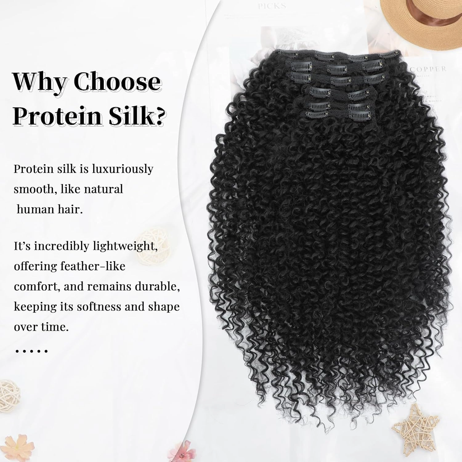 Curly Clip in Hair Extensions, Urbeauty Pink Mango 6 PCS 100% Pure Protein Silk Curly Hair Extensions Clip Ins for Black Women Kinky Hair Soft Natural Durable Light Long Lifespan