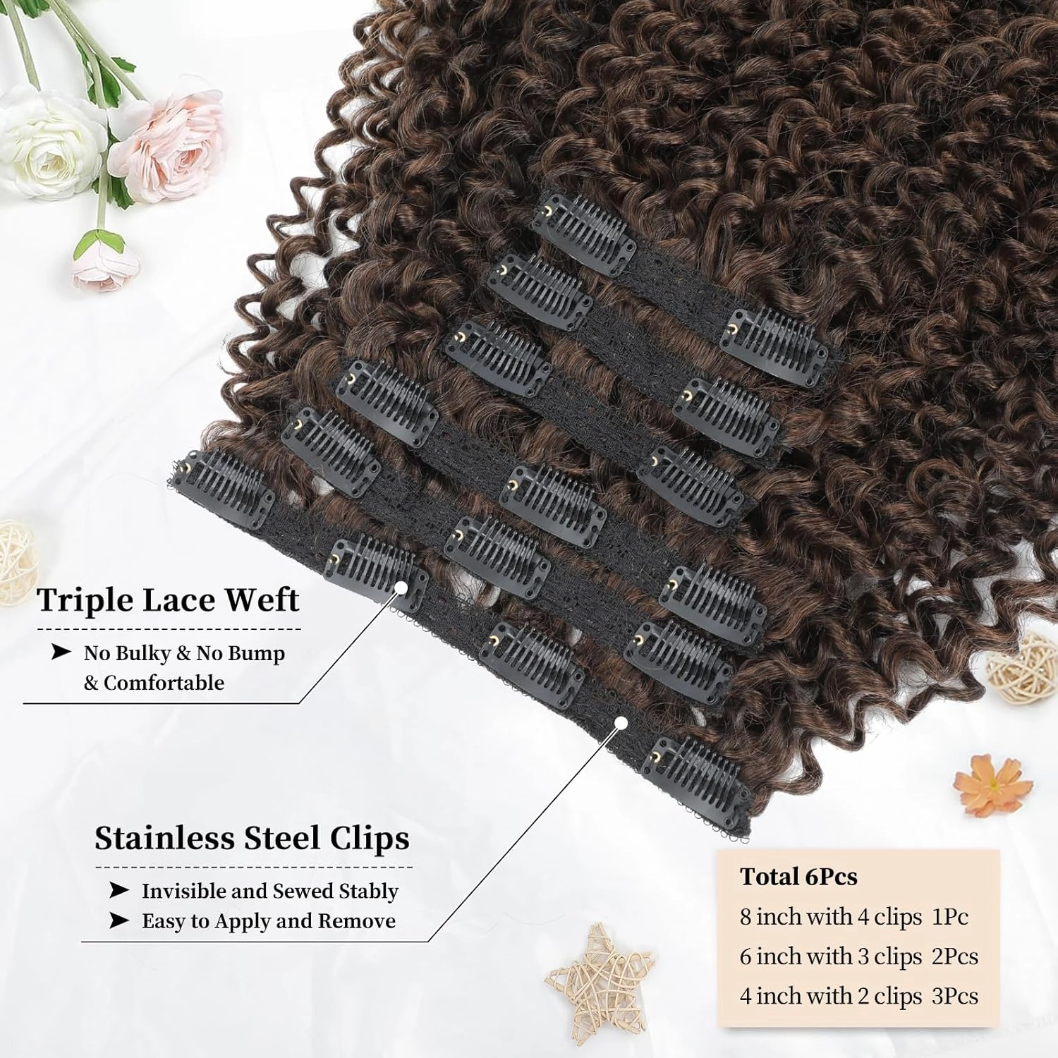 Curly Clip in Hair Extensions, Urbeauty Pink Mango 6 PCS 100% Pure Protein Silk Curly Hair Extensions Clip Ins for Black Women Kinky Hair Soft Natural Durable Light Long Lifespan