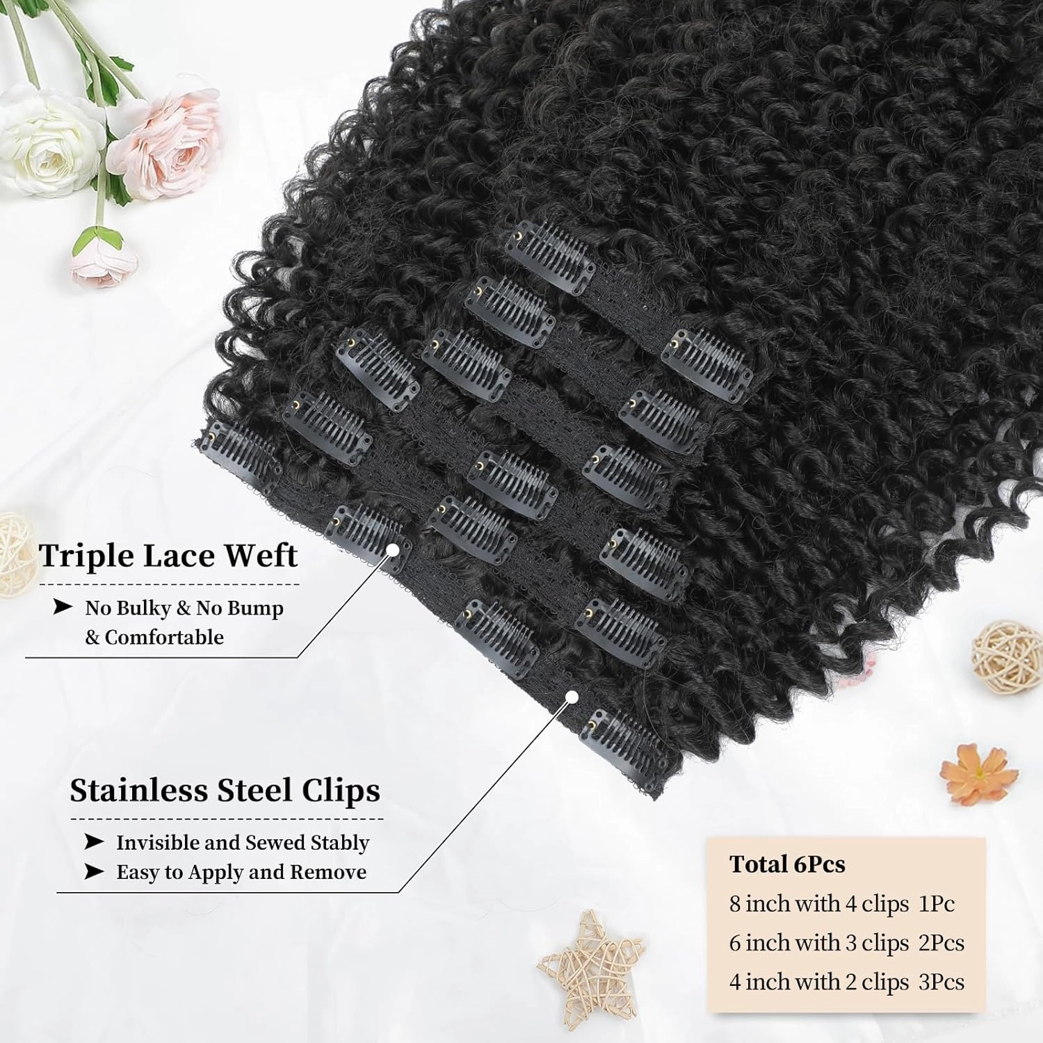 Curly Clip in Hair Extensions, Urbeauty Pink Mango 6 PCS 100% Pure Protein Silk Curly Hair Extensions Clip Ins for Black Women Kinky Hair Soft Natural Durable Light Long Lifespan