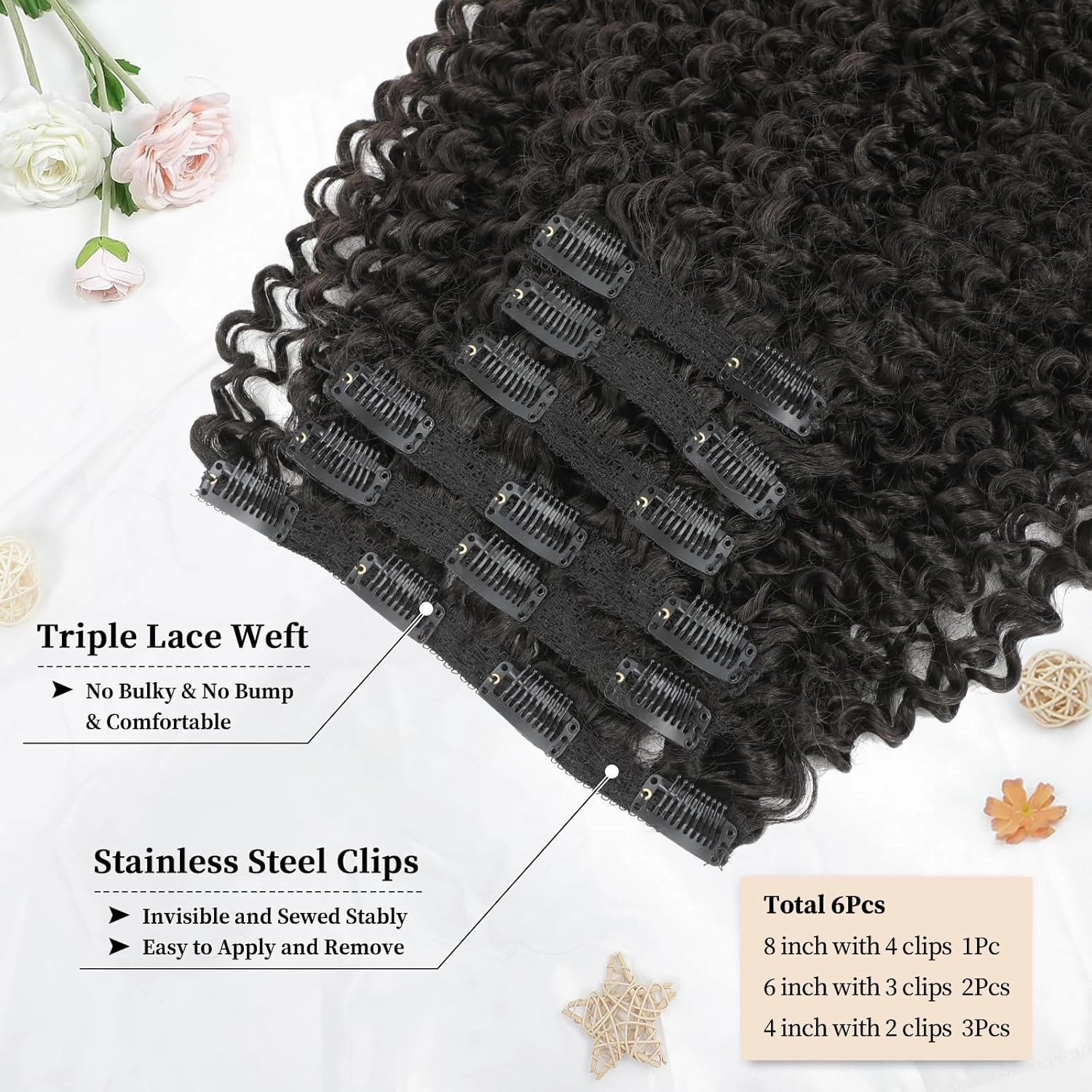 Curly Clip in Hair Extensions, Urbeauty Pink Mango 6 PCS 100% Pure Protein Silk Kinky Curly Hair Extensions Clip Ins for Black Women Hair Soft Natural Durable Light Long Lifespan