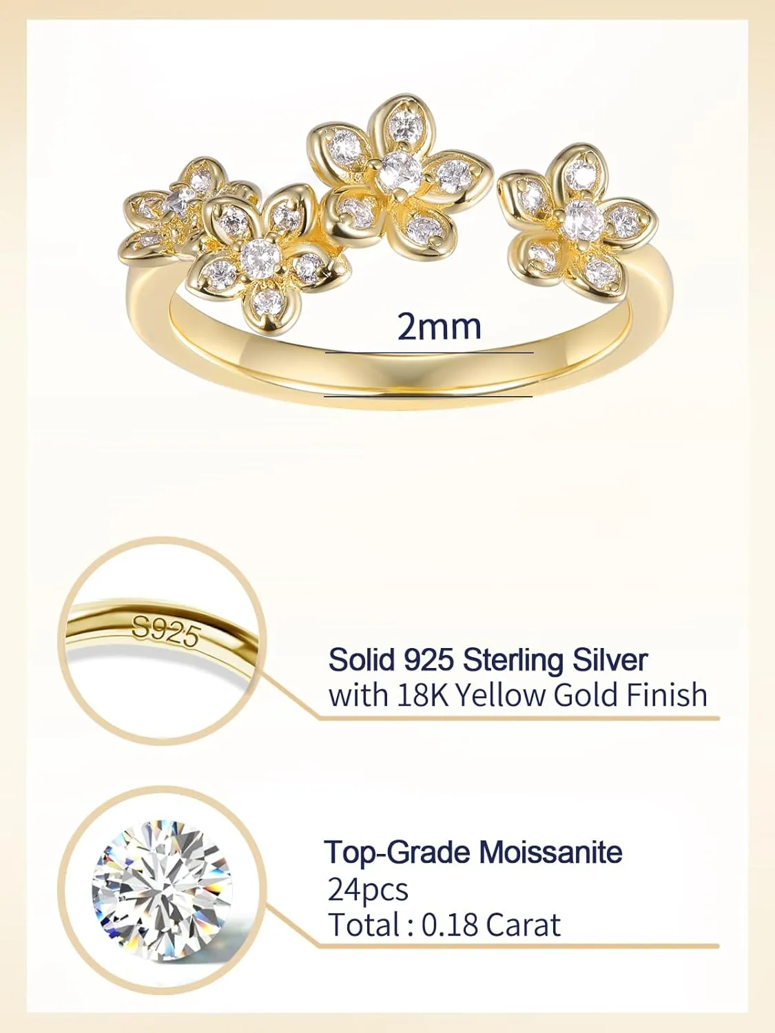 CYW Moissanite Flowers/Stars Pretty Open Rings for Women, Adjustable Ring, Solid 925 Sterling Silver with Gold Plated, Stackable Ring, Birthday Valentines Anniversary Mothers Day Ideal Gift for Her