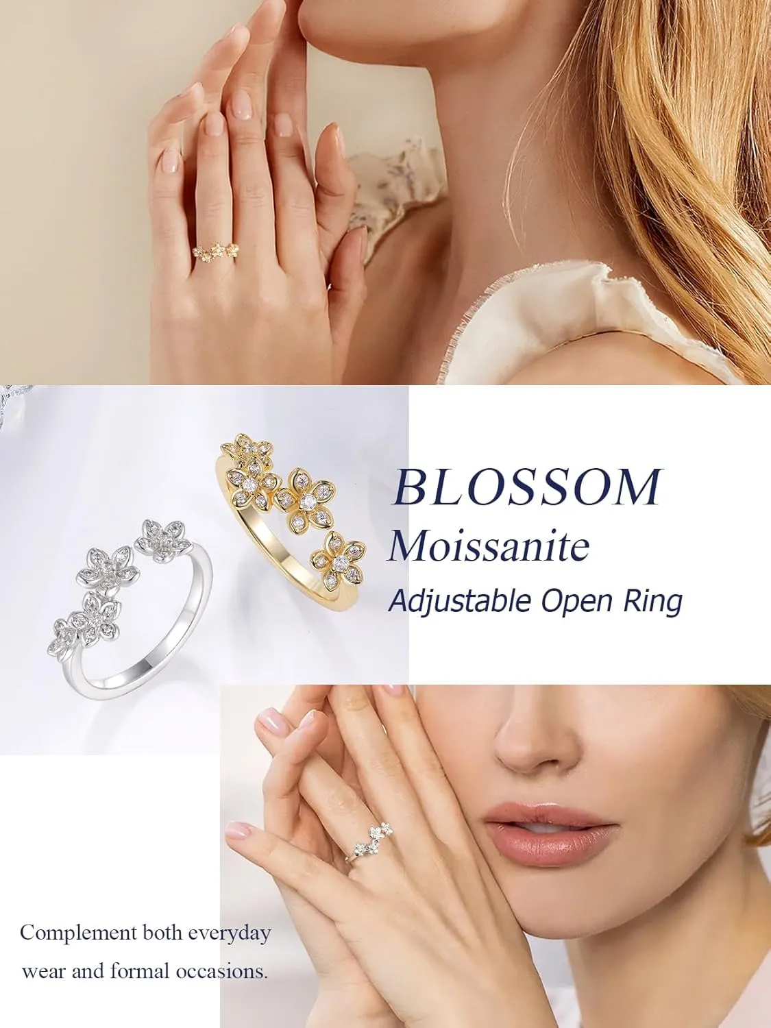 CYW Moissanite Flowers/Stars Pretty Open Rings for Women, Adjustable Ring, Solid 925 Sterling Silver with Gold Plated, Stackable Ring, Birthday Valentines Anniversary Mothers Day Ideal Gift for Her