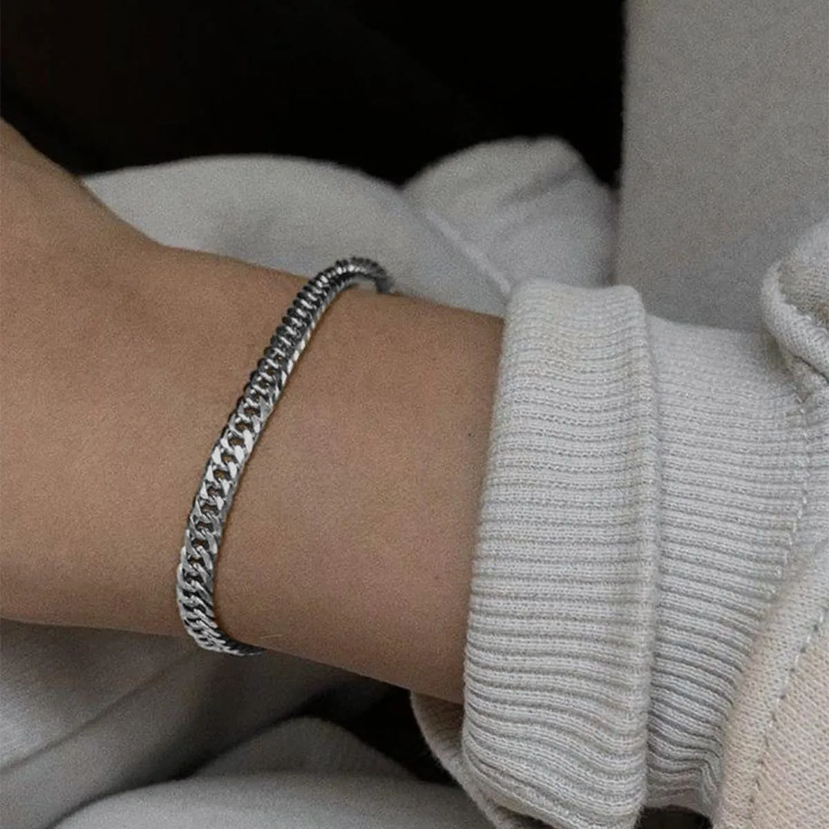 Dacc & Aya Fashion 925 Sterling Silver Flat Curb Cuban Link Chain Bracelet for Men Women, 3MM, 4MM, 7MM, Solid Silver Cuban Thick Big Link Chain Bracelet with Lobster Clasp, 7-9 Inch