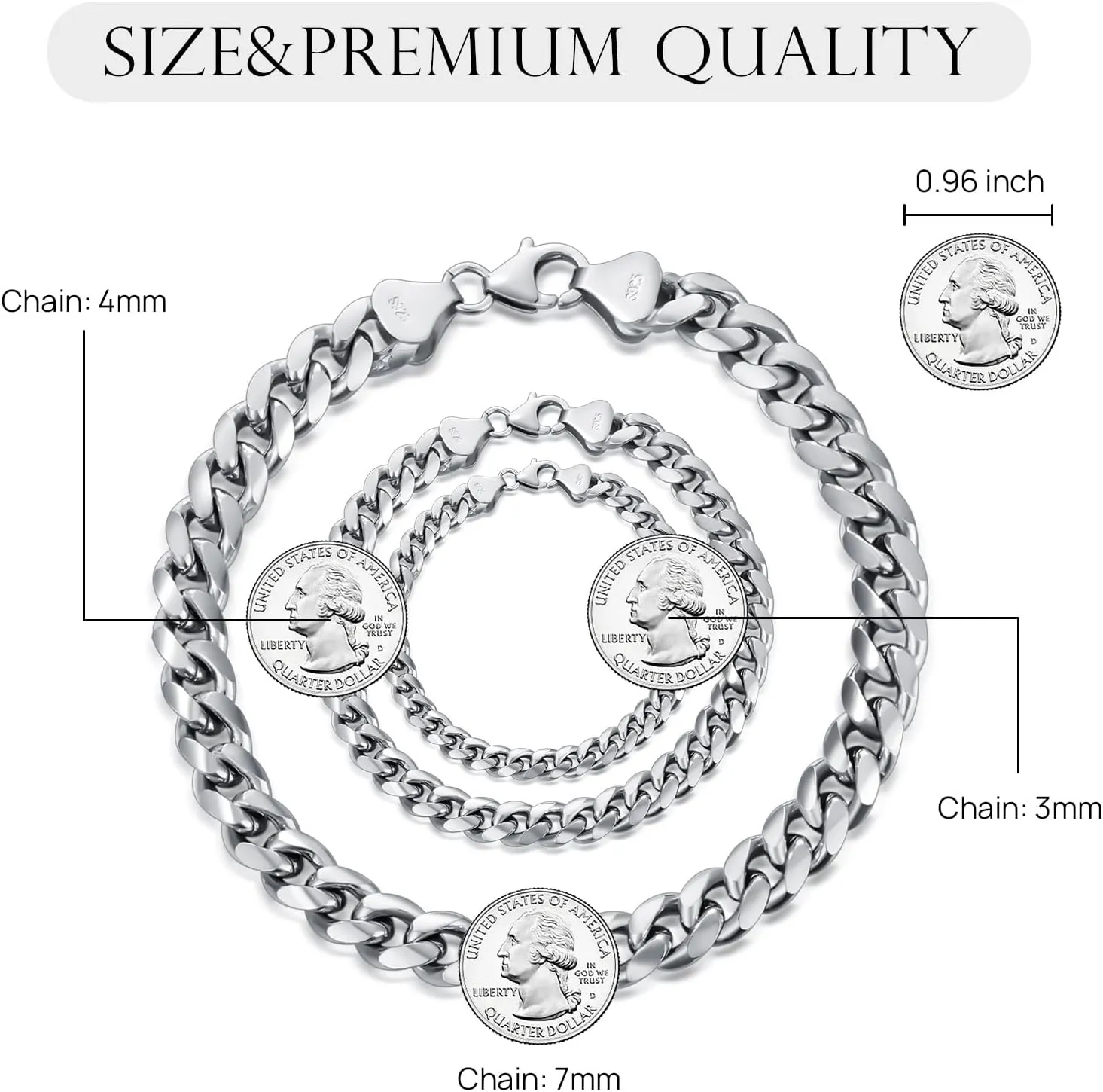 Dacc & Aya Fashion 925 Sterling Silver Flat Curb Cuban Link Chain Bracelet for Men Women, 3MM, 4MM, 7MM, Solid Silver Cuban Thick Big Link Chain Bracelet with Lobster Clasp, 7-9 Inch