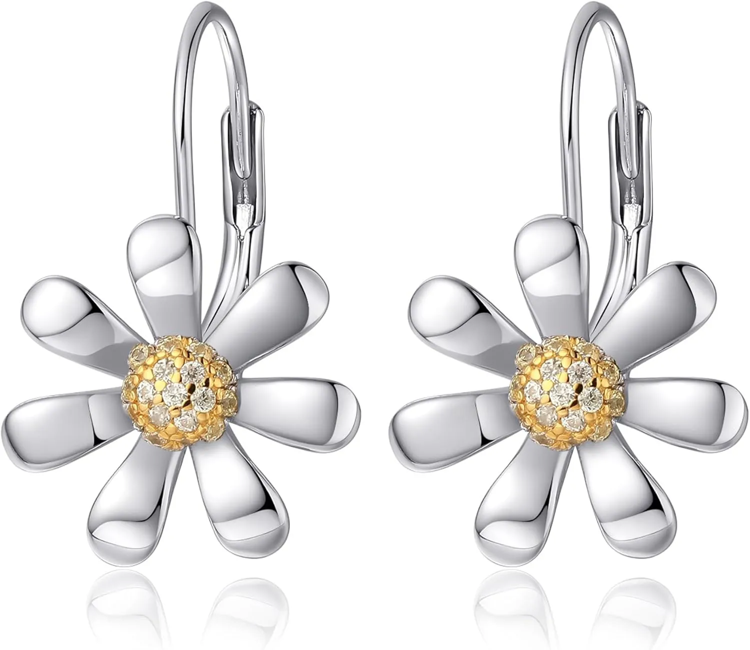 Daisy Earrings 925 Sterling Silver Leverback Drop Dangle Earrings for Women 18K White Gold Plated Hypoallergenic Cubic Zircon Daisy Flower Earrings Jewelry Gifts for Sensitive Ears