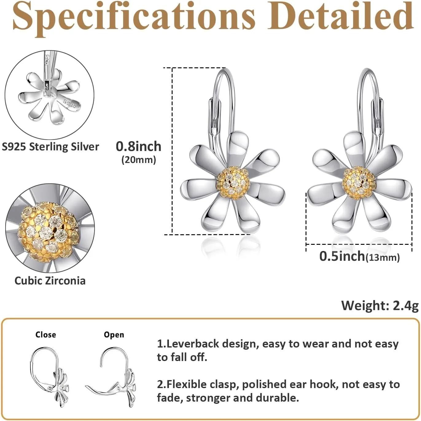 Daisy Earrings 925 Sterling Silver Leverback Drop Dangle Earrings for Women 18K White Gold Plated Hypoallergenic Cubic Zircon Daisy Flower Earrings Jewelry Gifts for Sensitive Ears