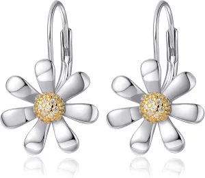 Daisy Earrings 925 Sterling Silver Leverback Drop Dangle Earrings for Women 18K White Gold Plated Hypoallergenic Cubic Zircon Daisy Flower Earrings Jewelry Gifts for Sensitive Ears