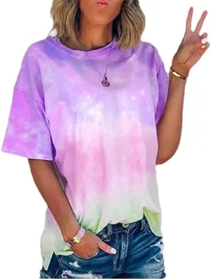 DASAYO Women's Fashion Summer Top Shirt Loose Short Sleeve Gradient Tie Dye T-Shirt Blouse Trendy Casual Cute Tees Shirts