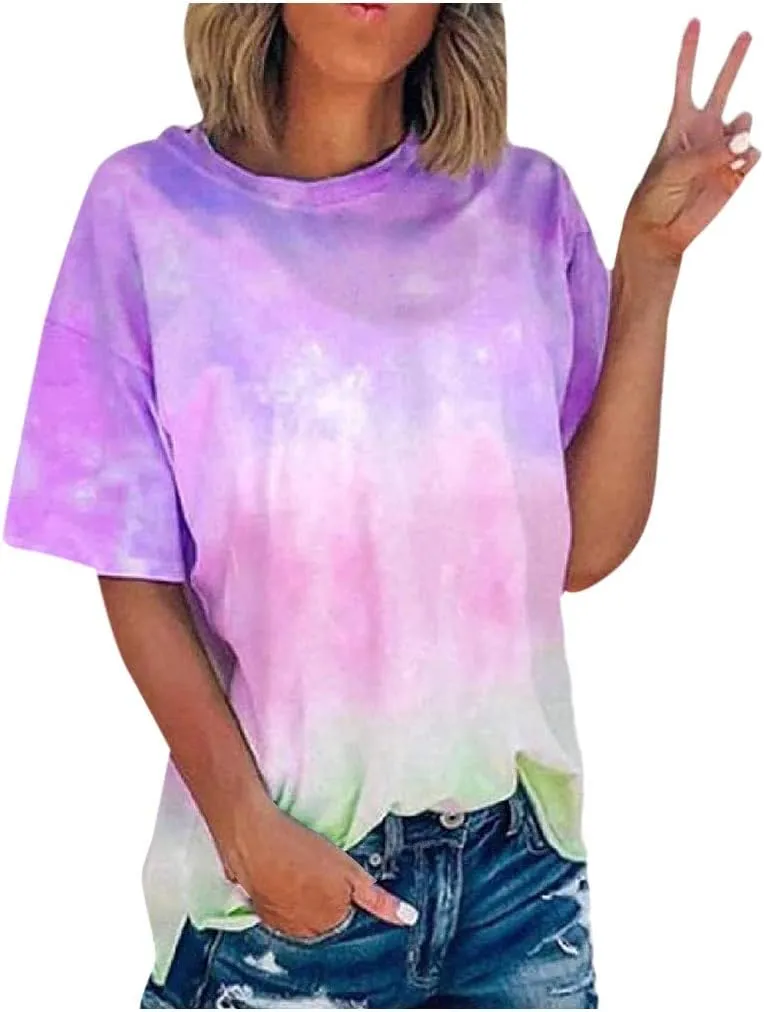 DASAYO Women's Fashion Summer Top Shirt Loose Short Sleeve Gradient Tie Dye T-Shirt Blouse Trendy Casual Cute Tees Shirts