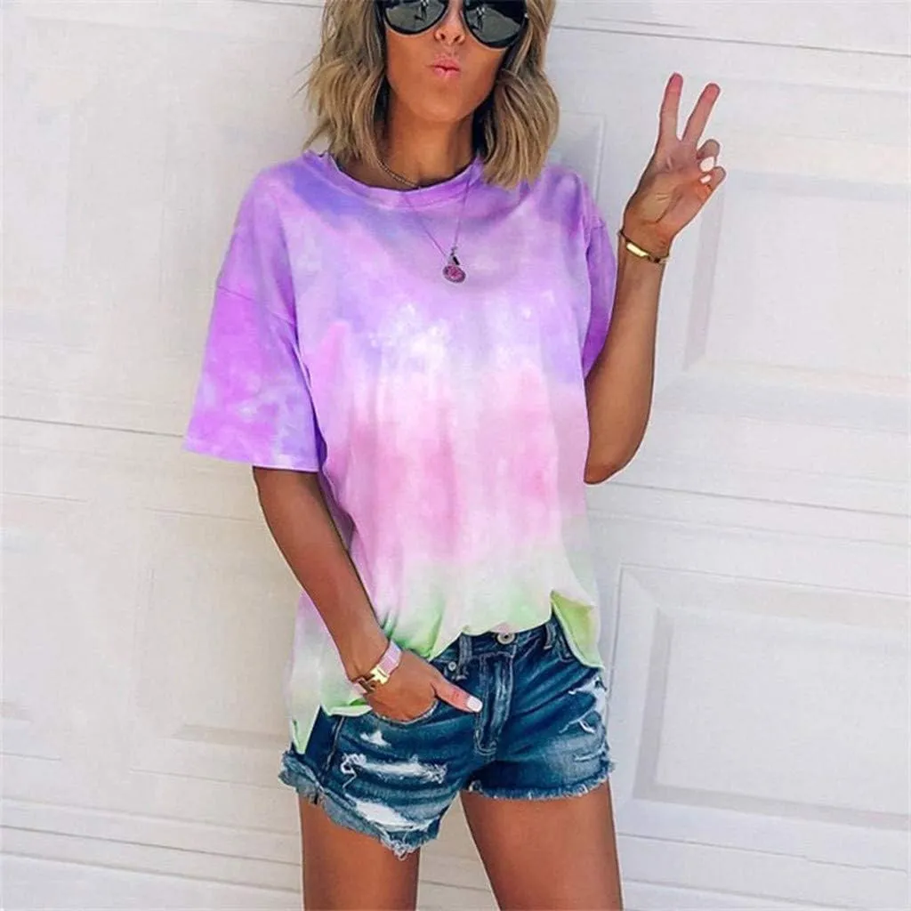 DASAYO Women's Fashion Summer Top Shirt Loose Short Sleeve Gradient Tie Dye T-Shirt Blouse Trendy Casual Cute Tees Shirts