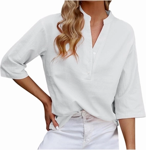 DASAYO Women's Casual 3/4 Length Sleeve Shirts Solid Color V Neck Button up Blouse Loose Fit Spring Summer Outfits
