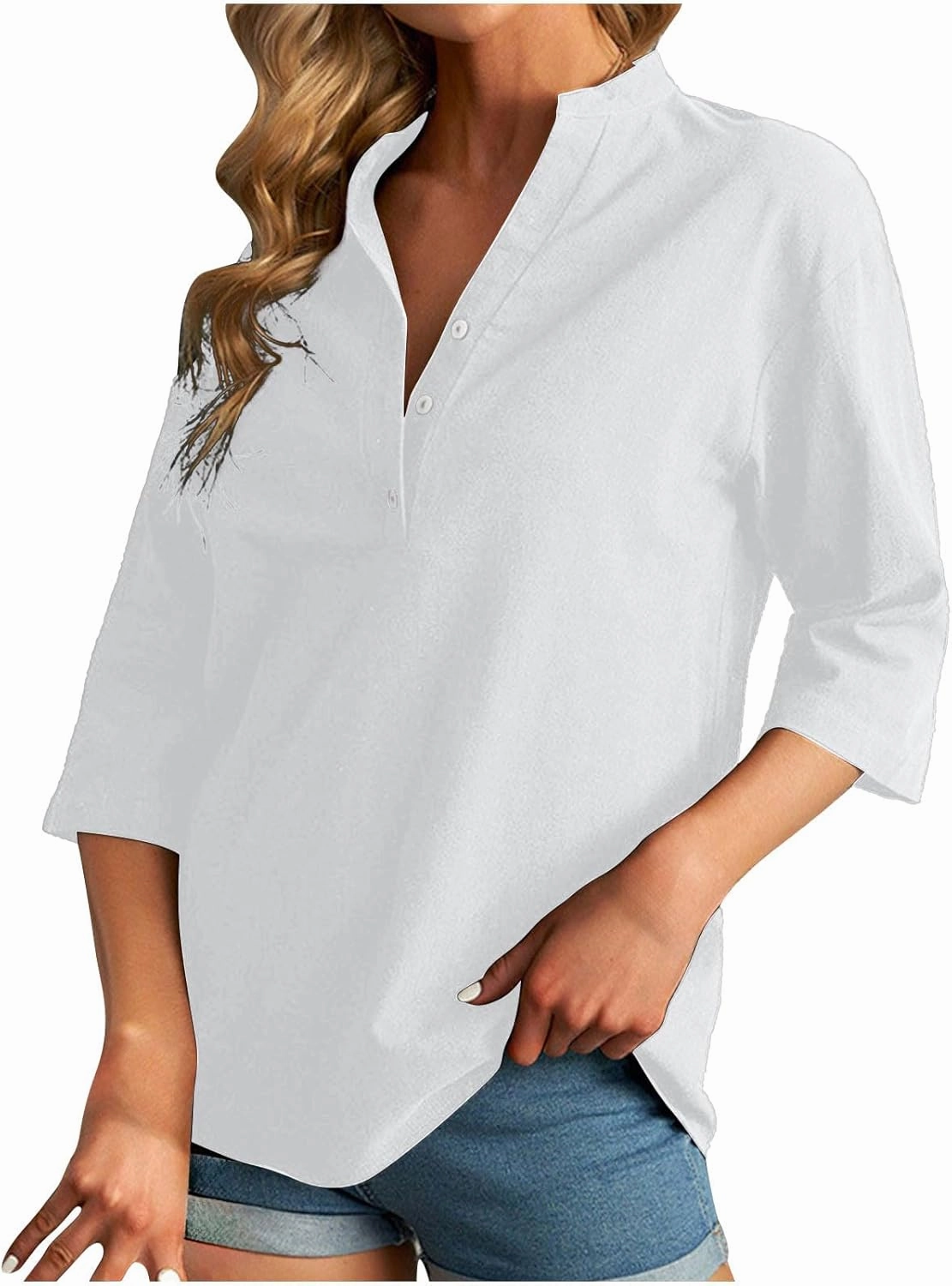 DASAYO Women's Casual 3/4 Length Sleeve Shirts Solid Color V Neck Button up Blouse Loose Fit Spring Summer Outfits