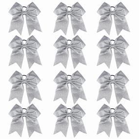 DEEKA 12 PCS 7" Large Glitter Cheer Bows Shiny Cheer Hair Bows Ponytail Holder Handmade for Cheerleader Girls Softball Sports -Silver