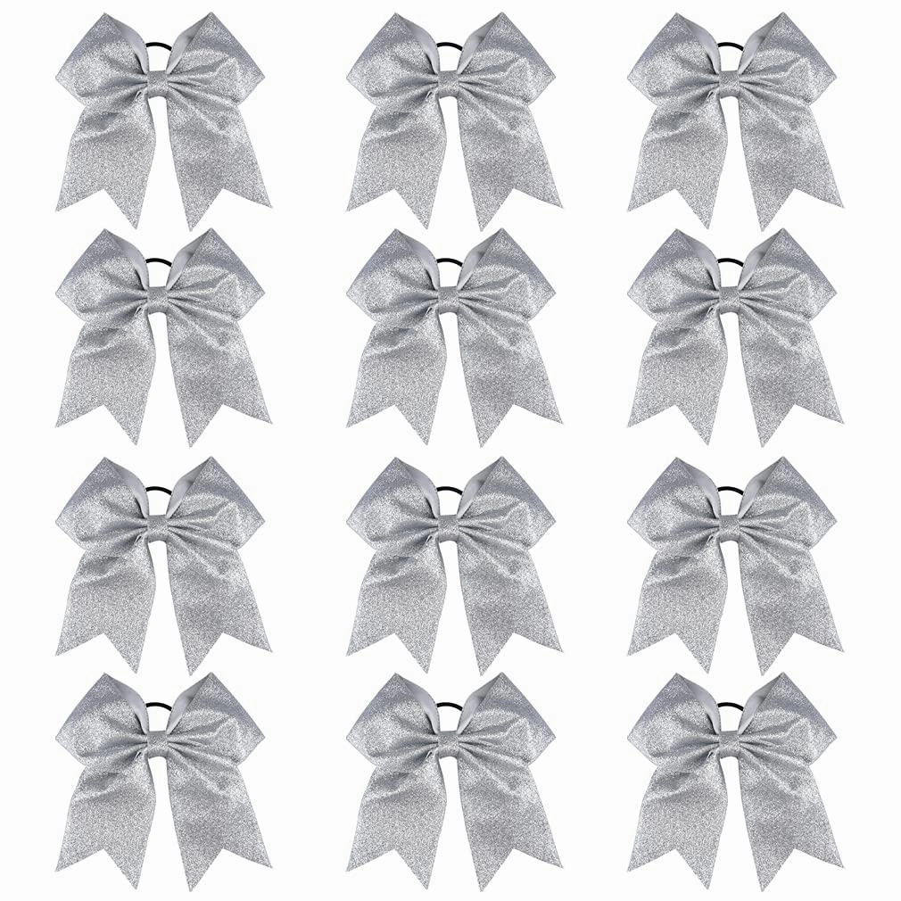 DEEKA 12 PCS 7" Large Glitter Cheer Bows Shiny Cheer Hair Bows Ponytail Holder Handmade for Cheerleader Girls Softball Sports -Silver