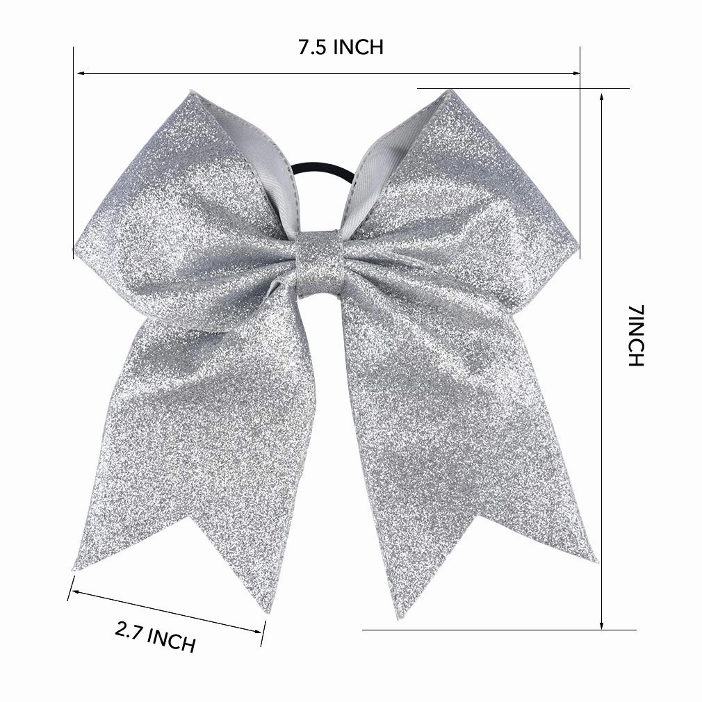 DEEKA 12 PCS 7" Large Glitter Cheer Bows Shiny Cheer Hair Bows Ponytail Holder Handmade for Cheerleader Girls Softball Sports -Silver