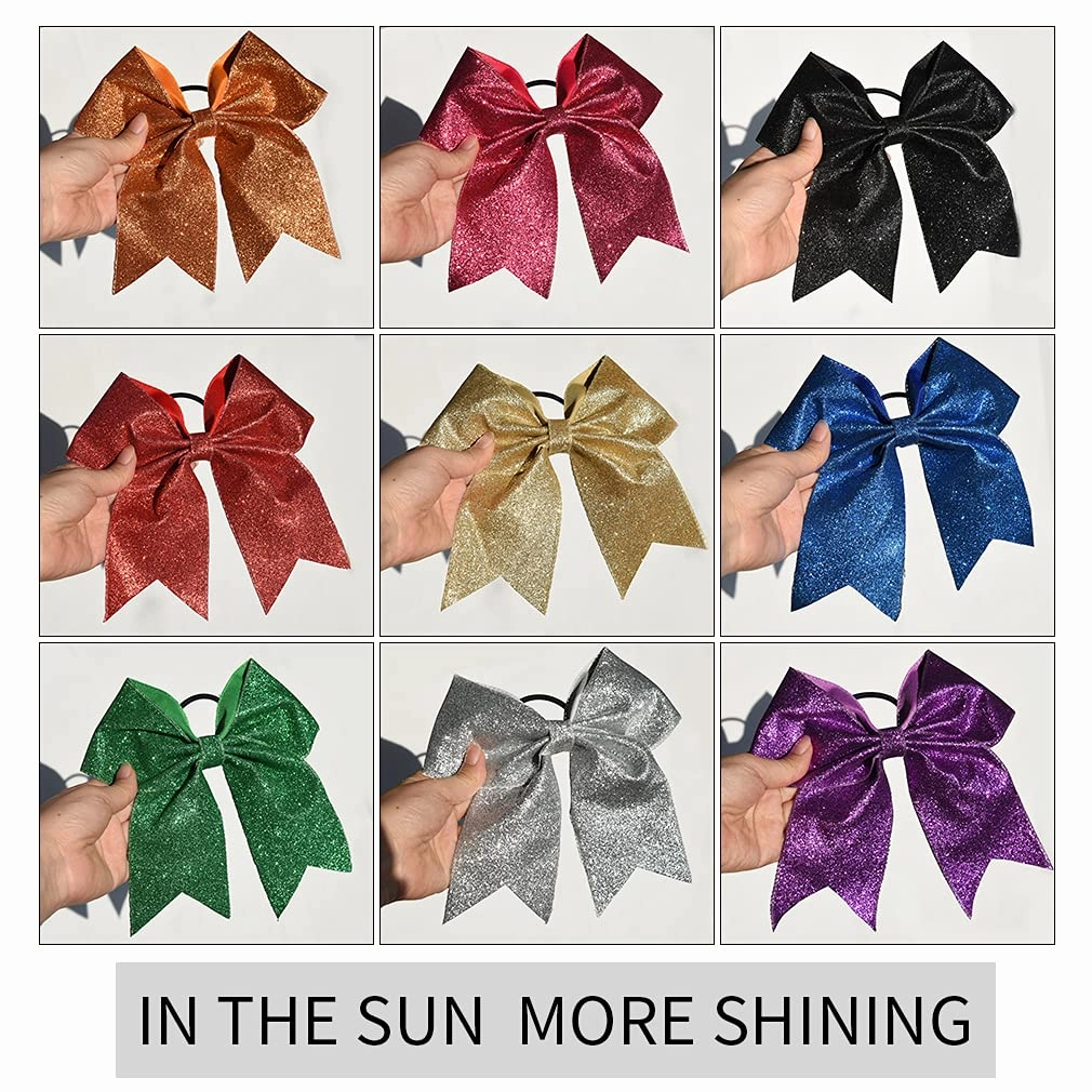 DEEKA 12 PCS 7" Large Glitter Cheer Bows Shiny Cheer Hair Bows Ponytail Holder Handmade for Cheerleader Girls Softball Sports -Silver