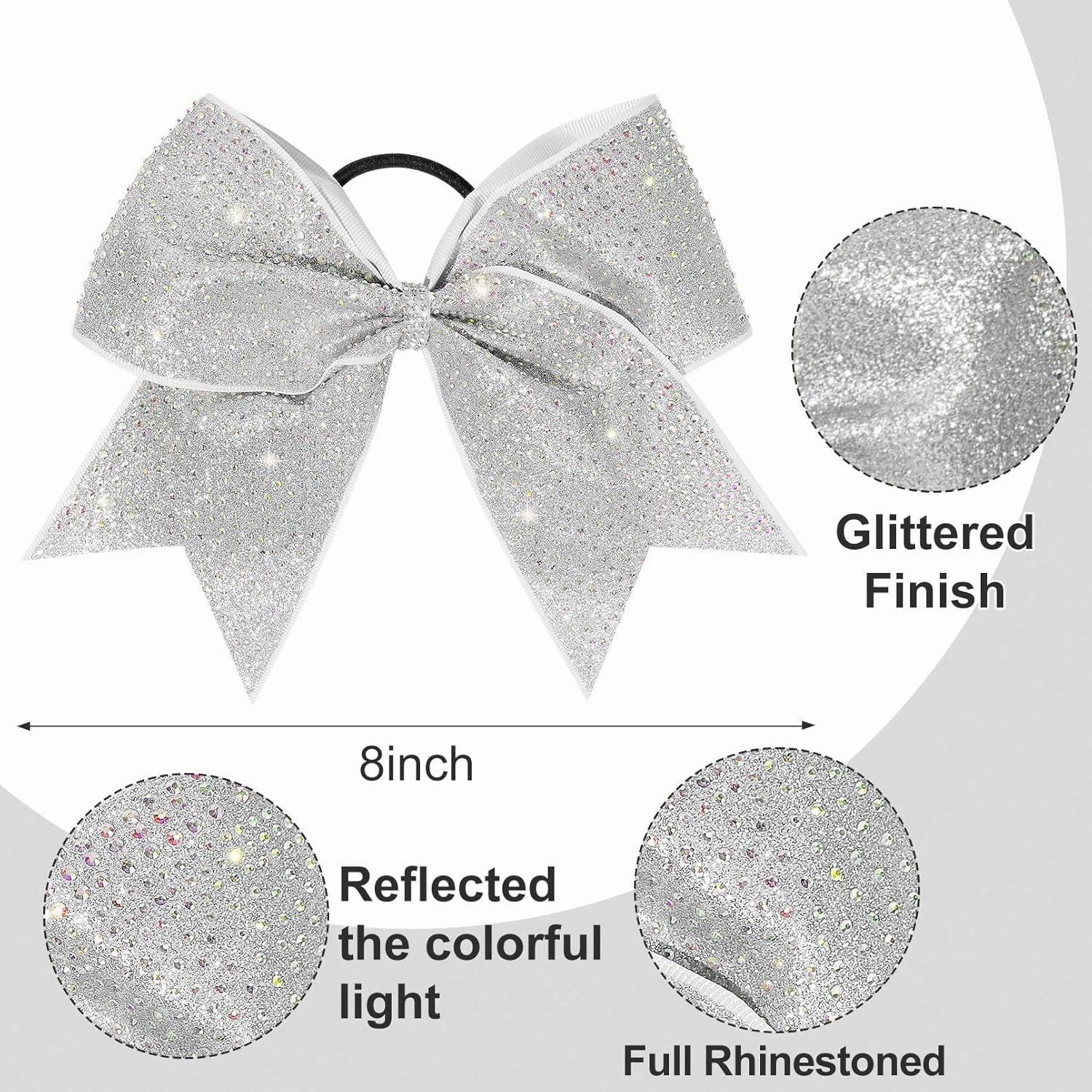 DEEKA 6PCS 8" Large Glitter Cheer Bows with Full Rhinestones Colorful Shimmer Shiny Cheer Hair Bows Elastic Band Ponytail Holder for Cheerleader Girls Sports -Silver
