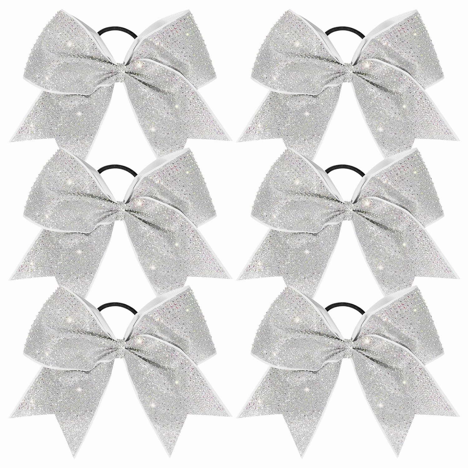 DEEKA 6PCS 8" Large Glitter Cheer Bows with Full Rhinestones Colorful Shimmer Shiny Cheer Hair Bows Elastic Band Ponytail Holder for Cheerleader Girls Sports -Silver